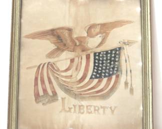 Folk Art American Eagle Liberty 48 Star Flag On Linen