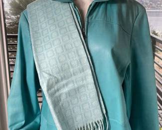 Bernardo Ladies Turquoise Leather Jacket * Size XL * Nordstrom Cashmere Scarf

