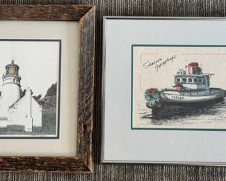 Framed Signed Art * Terry Maddox Lighthouse 15x * N. A. Foraker Christmas Tug Boat * Print 49/100 *