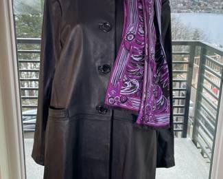 Neiman Marcus Black Leather Mid Thigh Coat * Size 16 * Emilio Pucci Purple Silk Scarf
