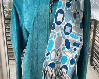 Chico’s Ladies Turquoise Suede Jacket Size 3 * Nordstrom Cashmere Scarf
