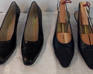 Ferragamo Women’s Shoes * Size 10 Black Pumps * Size 9.5 Navy Blue Sling Back * Shoe Horse Included
