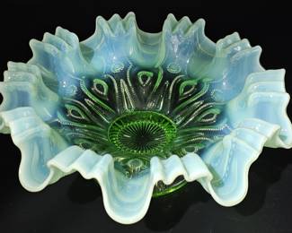 Footed Art Glass Green Bowl w/ Blue Ruffled Edge