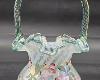 Fenton Ruffled Glass Handled Basket Vase, Signed