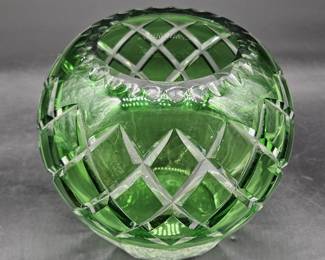 Green Cut to Clear Rose Bowl w/ Clear Base