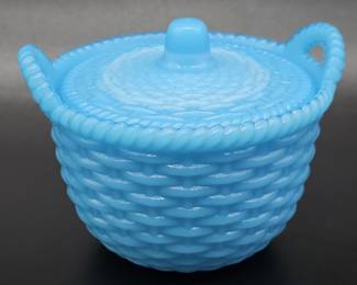 Vintage Blue Milk Glass Lidded Sugar Dish Basket-Weave