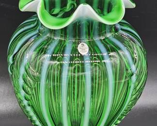 Fenton Art Glass Green Striped Vase, 100 Years
