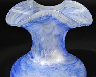 Blown Art Glass: Blue & White Swirl Ruffled Vase