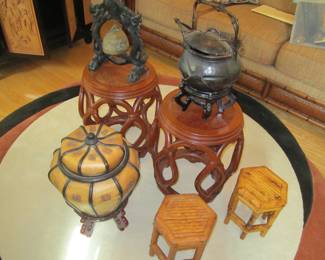 Garden stools - metal dragon gong - metal teapot on stand - woven straw basket on stand