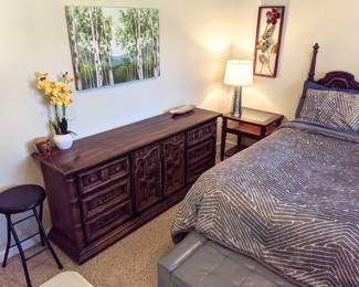 Queen antique bedroom set (mattress, box springs, frame, headboard, dresser w mirror $450), trees painting ($25), tall stool (sold)