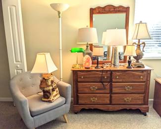 Various Lamps: 2 short Table Lamps (except the green one, $8 each), 4 tall Table Lamps and the green Library lamp ($25 each), 6 f-foot tall white Lamp ($30)
Sculpture lamp is an Apsit Bros 1978 ($175)