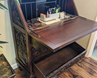 antique asian hand carved secretary desk with drawers & cubbies ($tbd)