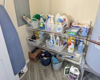 padded ironing board ($8), various cleaning supplies & brushes & buckets ($2 each)