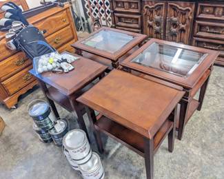 2 wood glass top 3 tier end tables ($120), two would two tier end tables ($100), golf clubs with bag $70, bag of golf balls $5, bag of golf tees $3, gallons of paint $10 each