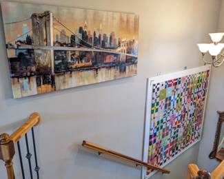 cityscape painting (sold), 8 ft x 7 ft handmade quilt/sheet framed wall decor ($150)