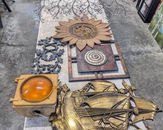antique pirate ship resin wall decor $30, traffic light box $30, 2 sculptural wall decor $20 each, black iron floral $10, large metal trees with gems decor $40