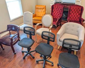 Chairs: $20 each for black cushion office chairs on wheels, $25 for maroon crackly vinyl chair on wheels, $70 for cushion round back, $40 for wood oval back, $20 for gray dining with rivets on sides, $125 for orange antique recliner rocker, $150 each for maroon velvet.