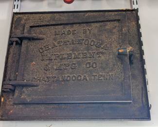 antique vintage metal "Chattanooga Implement & Mfg" fireplace cleanout cover from 1928  ($40)