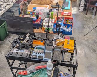 2 microphone stands ($10 each), music easel ($10), 2 microphones ($10 & $30), heavy duty bolt cutters ($25), new electric hedge trimmers ($20), 3 guitar pedals ($20 each), 2 guitar cords ($5 each), 4 microphone cords ($5 each), 2 Hot Wheels cases and 20 Hot Wheels from the 1990s