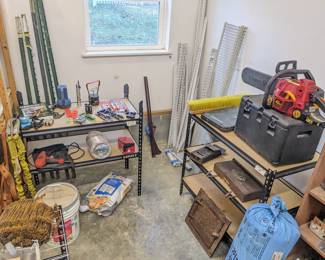 Large commercial yard stakes $5 each, professional harness with safety rope $40, electric drill $10, homelite 45cc 18 in chainsaw needs chain $80, vintage mailboxes $10 each, antique fireplace clean out door Chattanooga MFG $40, Closetmaid wall hardware for adjustable shelves ($2 each), 5 ft metal wire shelves ($3 each)