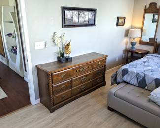 dresser w 2 skinny mirrors to Queen wood antique bedroom set (mattress, box springs, frame, headboard & footboard, dresser w 2 skinny mirrors, armoire, $550), vinyl tufted storage bench ($50), tall lamp ($30), 2 wood 2-tier end tables ($50), 3'w trees picture ($25), tiny painting (sold)