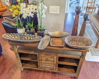 various fake Orchids, several Bowls, and pair of Posts/pair decor ($10 each), table (sold)