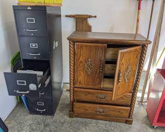 armoire & headboard to Queen wood antique bedroom set (mattress, box springs, frame, headboard & footboard, dresser w 2 skinny mirrors, armoire, $550), black metal filing cabinet no key ($50)