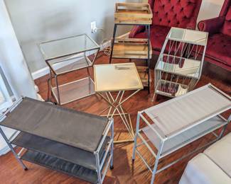 3@3-Tier end tables ($30 each), 1-Tier end table ,($20), pair of shoe shelves ($20)