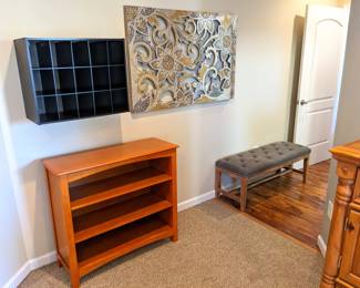 black cubes cubby ($30), wood bookshelf (stains on top $30), floral mosaic glass & mirror painting wall decor ($100), button-tufted fabric bench ($30)