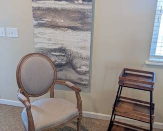 large gray/white painting ($40), new antique style wood chair w fabric cushions ($30), 3-tier table (sold)