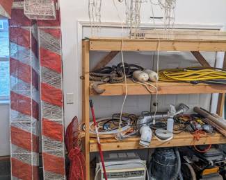 7 ft candy canes Christmas decor $60, lighted deer and dough $40/pair, antique heavy duty 30 ft to rope with hooks $30, two plastic buoys on rope $10, 50 ft yellow garden hose $20, Whirlpool window AC unit $120, shop vac $25, work lights with long cords ($10 each), 100 ft extension cord ($15), sprayer & hose to pressure washer ($30)