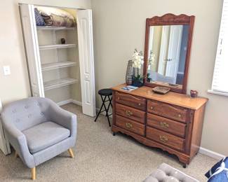 dresser w mirror to Queen bedroom set (mattress, box springs, frame, headboard, dresser w mirror, chest of drawers, night stand $550), modern cushioned button-tufted arm chair ($70), stool (sold)