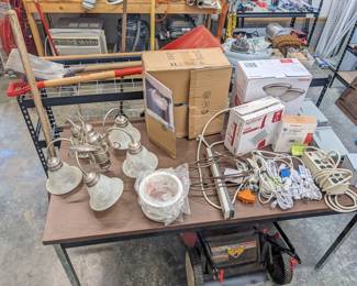 Dining room light fixture ($25), bird nest artsy ceiling light fixture ($30), flush mount ceiling fixture ($10), bathroom fan ($10), programmable thermostat ($30), can light trims ($10), electrical shut off boxes ($5 each), extension cords $2 each