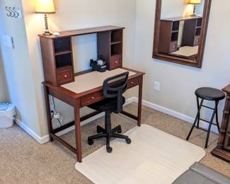 mirror to Queen antique bedroom set (mattress, box springs, frame, headboard, dresser w mirror $450), modern wood desk w drawer & desktop shelves unit ($125), new cushion office chair with wheels ($20), new custom chair mat for carpet ($40), lamp ($8), tall folding stool (sold)