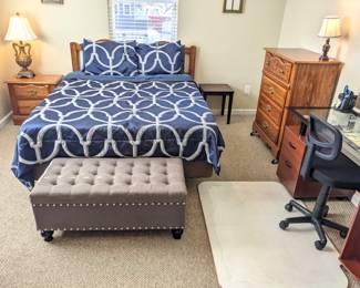 Queen bedroom set (mattress, box springs, frame, headboard, dresser w mirror, chest of drawers, night stand $550), button tufted fabric storage bench with rivets ($60), brown end table ($20), antique tall lamp ($30), modern glass desk with side drawers & shelves ($100) and new custom plywood chair mat thick for carpet ($50), office chair on wheels ($25), short lamp ($8)