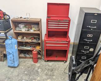 Craftsman locking metal tool box on wheels with keys ($100), filing cabinet no key $50