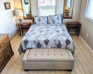 Queen wood antique bedroom set (mattress, box springs, frame, headboard & footboard, dresser w 2 skinny mirrors, armoire $550), vinyl tifted storage bench ($50), 2 wood 2-tier end tables ($50), tall lamp ($25)