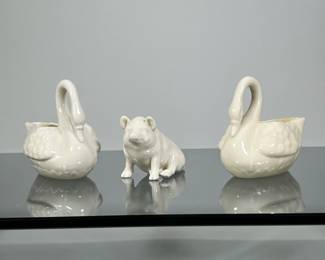 (3pc) PAIR BELLEEK SWANS & OTHER | Pair of Belleek porcelain swan bowls & small pig figurine - h. 3.5 x w. 2.5 x l. 4.5 in