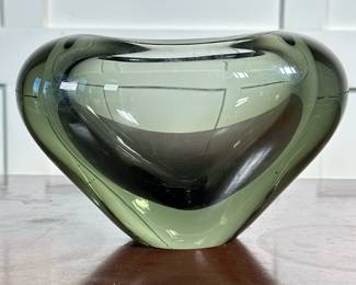 HOLMEGAARD HEART GLASS VASE | Heart form glass vase by Per Lütken for Holmegaard, signed on bottom “Holmegaard / 19 of 52” - h. 5 x w. 8 x d. 4 in