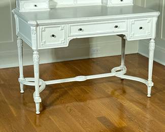 Lady’s Writing Desk | White painted writing desk with three frieze drawers over carved legs and a shaped stretcher, with two desktop drawers - h. 36.5 x w. 35 x d. 25 in