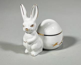 PORCELAIN RABBIT BOWL | Premier fine bone China rabbit form lidded box / bowl with gilt accents - h. 5 x w. 3 x l. 5 in
