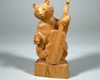 RUSSIAN CARVED MUSICAL BEAR | Carved wood bear with cello, marked on bottom “Made in USSR” - h. 10.5 x w. 4 x l. 5 in
