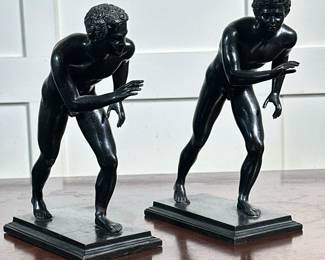 PAIR BRONZE RUNNERS | Pair of painted bronze runners/wrestler sculptures -  h. 9 x w. 3.25 x l. 7.5 in