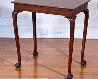 F. KIRTLAND & Son BOSTON, MASS SIDE TABLE | With diagonal contrasting inlay top over cabriole legs terminating in ball and claw feet, with Kirtland & Son "High Grade Furniture" label to underside. - h. 27 x w. 26 x d. 16.25 in

