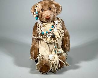 LITTLE WHITE DOVE FRANKLIN HEIRLOOM BEARS | Little White Dove teddy bear by The Franklin Mint Heirloom Bears on wood stand - h. 14 x w. 9 x l. 9 in