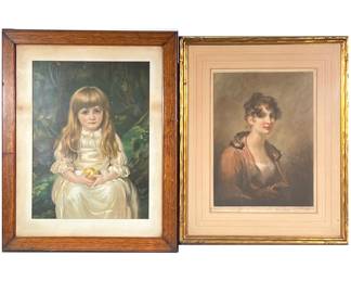 (2pc) EARLY 20TH C. COLOR ENGRAVING PORTRAITS | Early 20th Century color engraving portraits including signed print of woman (17.5 x 12.5 in. sight), and portrait of young girl (21 x 15.5 in. sight) - w. 23.5 x l. 29.5 x dia. larger in