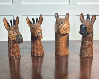(4pc) Carved Animal Figures | Carved wood giraffe, zebra, and leopard figures. - h. 7.75 in (tallest)