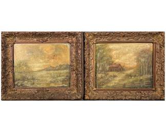 (2pc) PAIR LANDSCAPE OIL PAINTINGS | Pair of landscape oil paintings depicting houses and mountains in gilt frames, no apparent signature. - w. 11.5 x l. 13.5 in