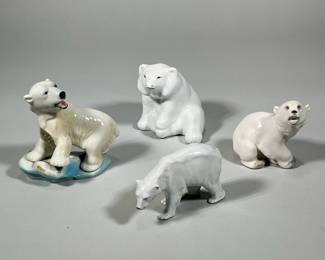 (4pc) LARGE POLAR BEAR LOT | Including: Wade Porcelain figurine, Russian porcelain bear, and others. - h. 6 x w. 3.5 x l. 6 in
