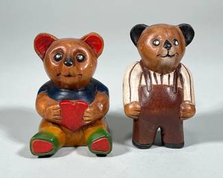 (2pc) CARVED WOOD TEDDY BEARS | Carved wood & painted teddy bear figures - h. 4.5 x w. 3 x l. 3 in


